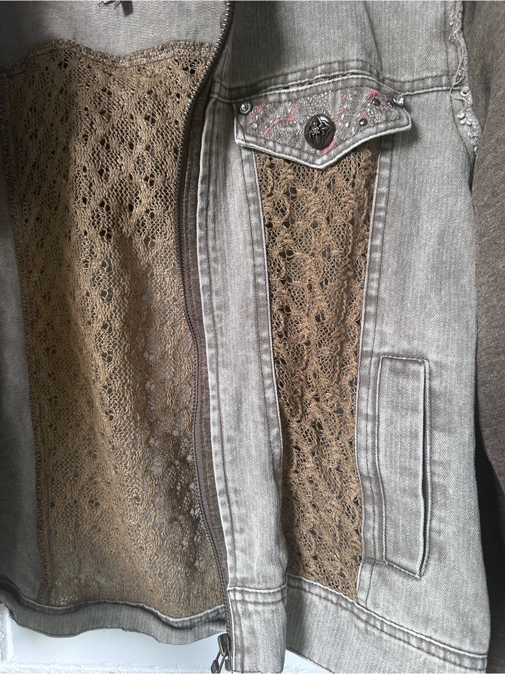 Miss Me Green Denim Mixed Media Jacket Large Sweatshirt Sleeve Patterned - Picture 2 of 9